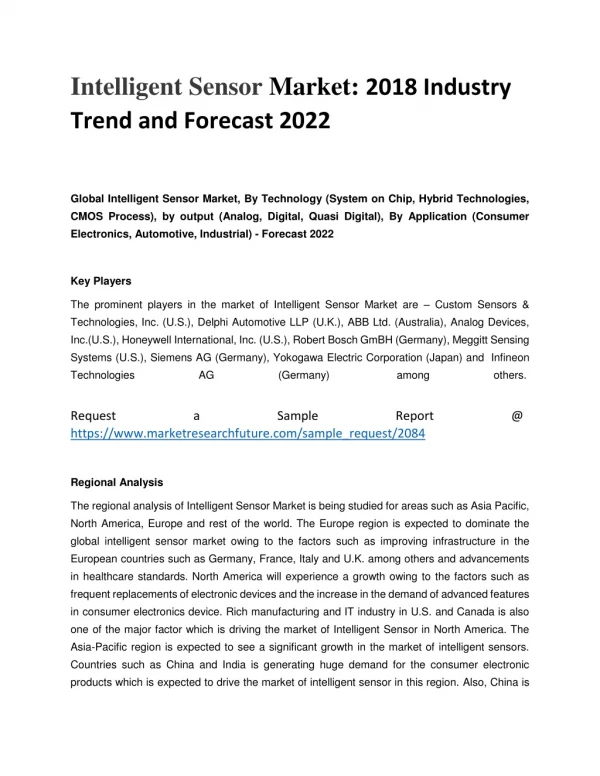 Intelligent Sensor Market: 2018 Industry Trend and Forecast 2022