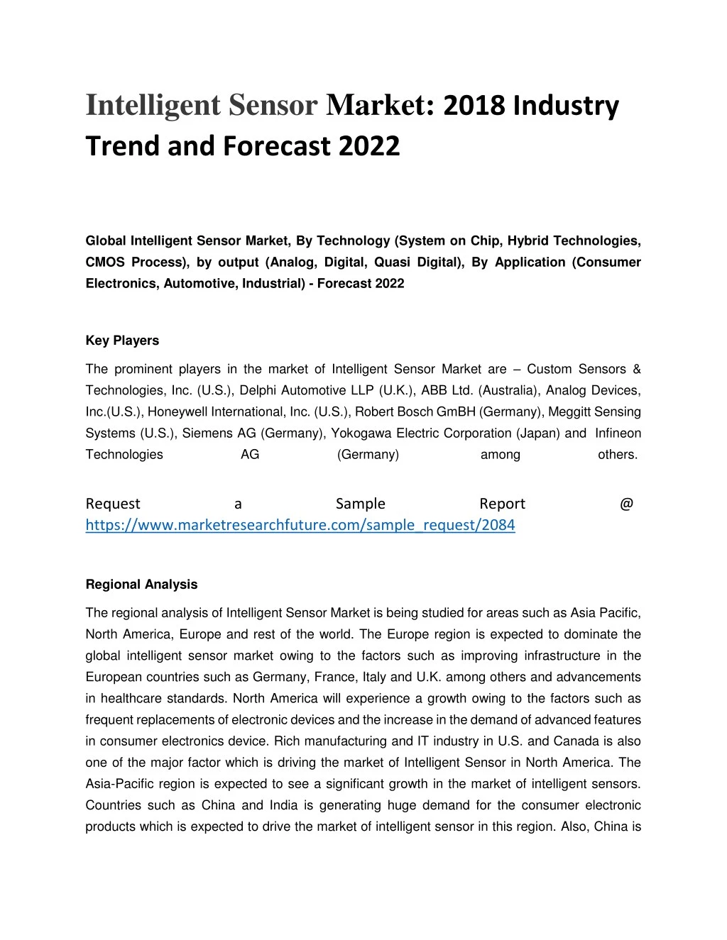 intelligent sensor market 2018 industry trend