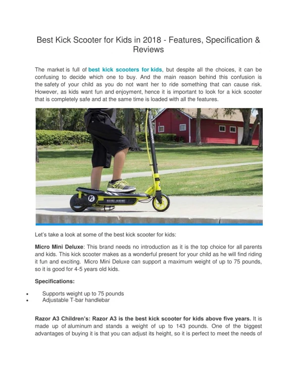 Best Kick Scooter for Kids in 2018 - Features, Specification & Reviews