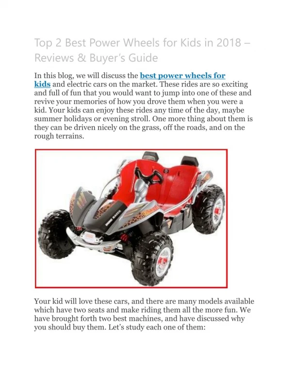 Top 2 Best Power Wheels for Kids in 2018 – Reviews & Buyer’s Guide