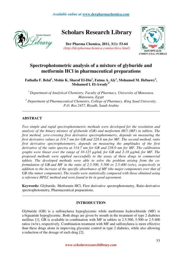 Spectrophotometric analysis of a mixture of glyburide and metformin HCl in pharmaceutical preparations