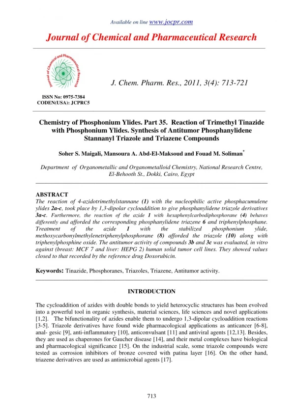 Chemistry of Phosphonium Ylides. Part 35. Reaction of Trimethyl Tinazide with Phosphonium Ylides. Synthesis of Antitumor