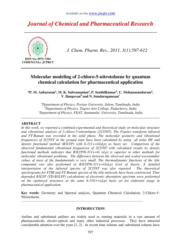 Molecular modeling of 2-chloro-5-nitrotoluene by quantum chemical calculation for pharmaceutical application