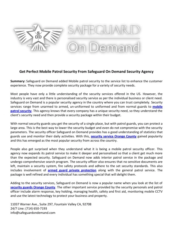 Get Perfect Mobile Patrol Security From Safeguard On Demand Security Agency