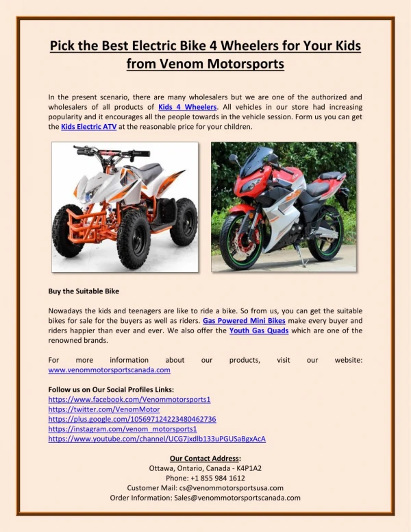 Pick the Best Electric Bike 4 Wheelers for Your Kids from Venom Motorsports