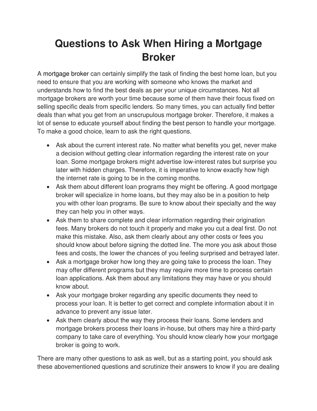 questions to ask when hiring a mortgage broker