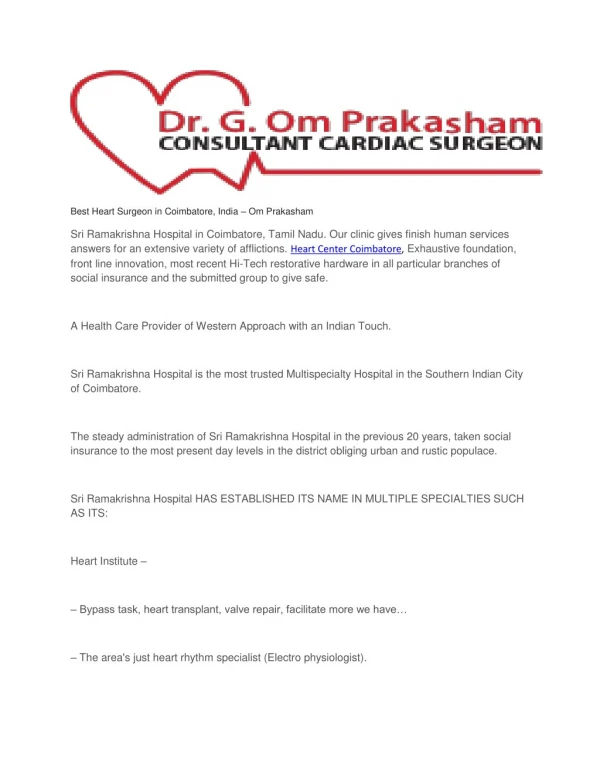 Best Heart Surgeon in Coimbatore, India – Om Prakasham