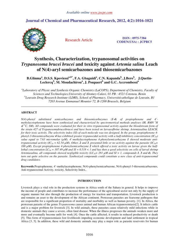 Synthesis, Characterization, trypanosomal activities on Trypanosoma brucei brucei and toxicity against Artemia salina Le