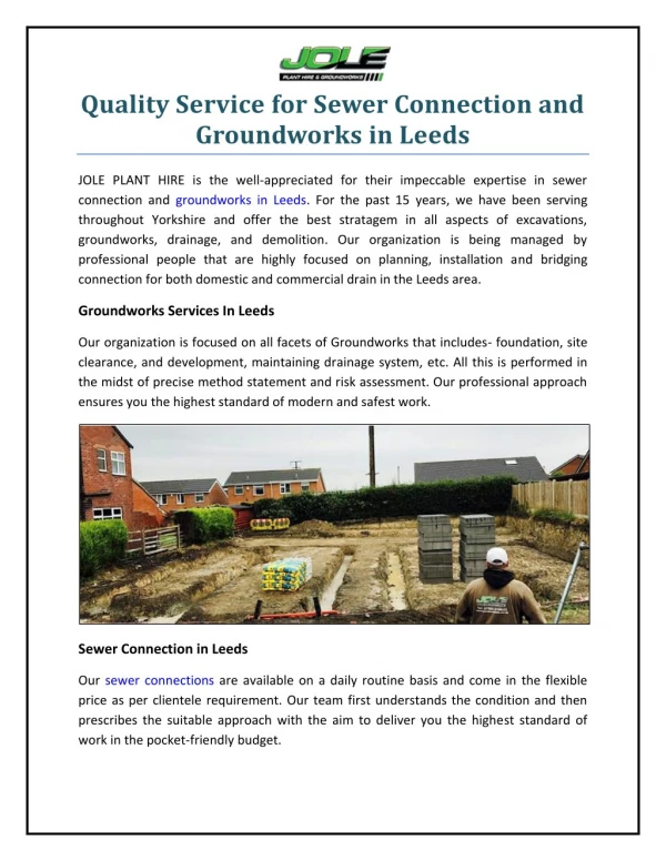 Quality Service For Sewer Connection and Groundworks In Leeds