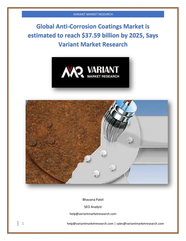Global Anti-Corrosion Coatings Market is estimated to reach $37.59 billion by 2025, Says Variant Market Research