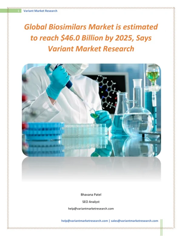 Global Biosimilars Market is estimated to reach $46.0 Billion by 2025, Says Variant Market Research