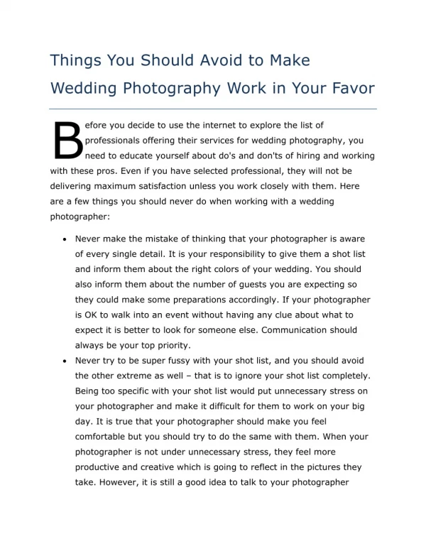 Things You Should Avoid to Make Wedding Photography Work in Your Favor