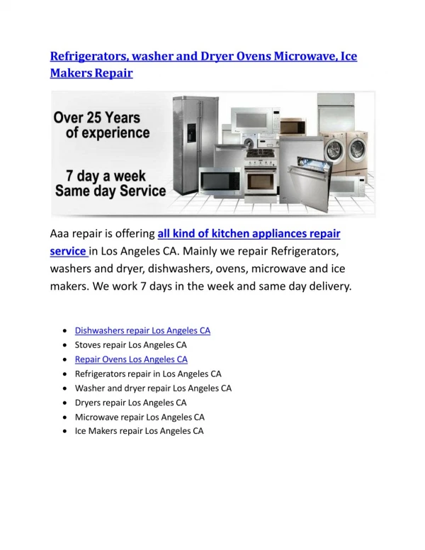 , washer and Dryer Ovens Microwave, Ice Makers Repair Los Angeles, CA