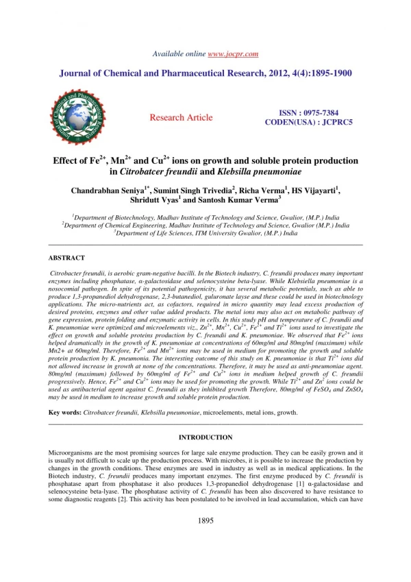 Effect of Fe2 , Mn2 and Cu2 ions on growth and soluble protein production in Citrobatcer freundii and Klebsilla pneumo