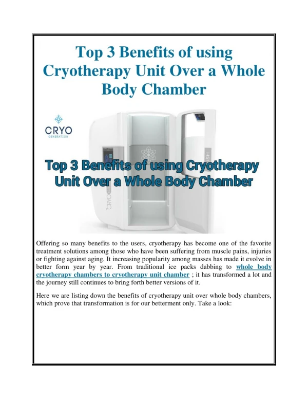 Top 3 Benefits of using Cryotherapy Unit Over a Whole Body Chamber