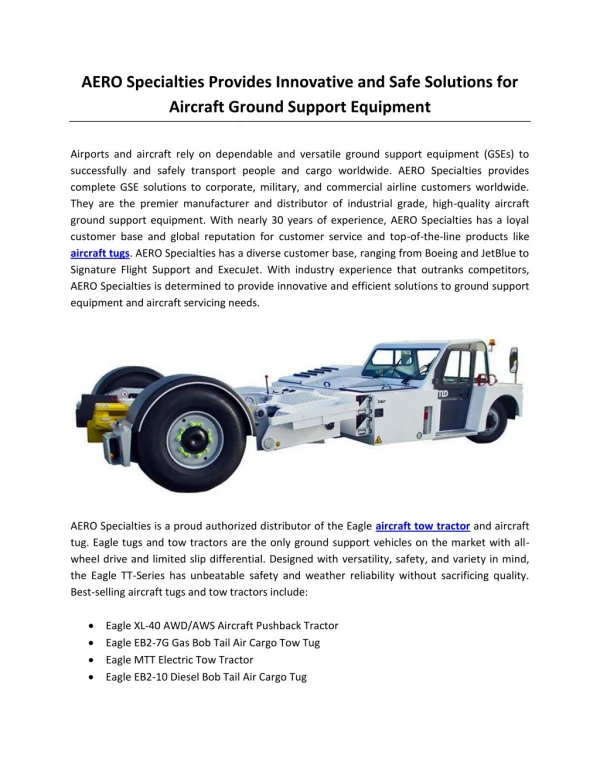 AERO Specialties Provides Innovative and Safe Solutions for Aircraft Ground Support Equipment