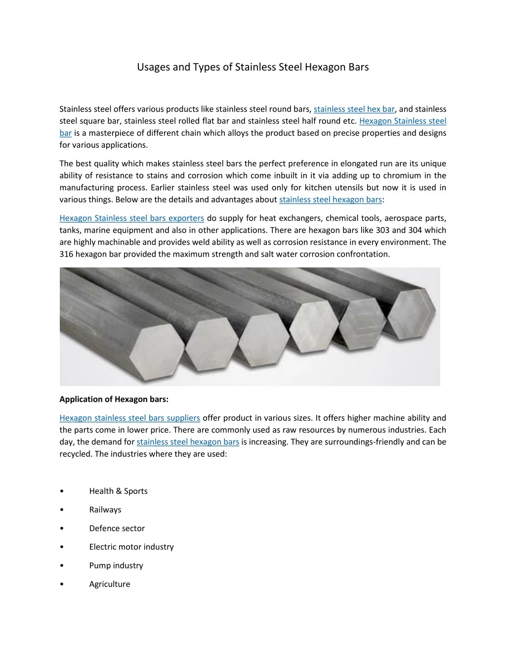 usages and types of stainless steel hexagon bars