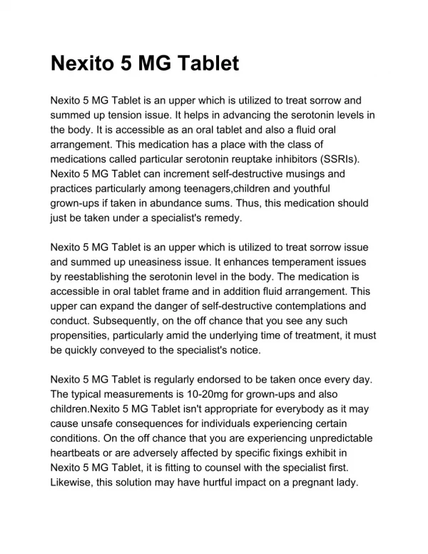 Nexito 5 MG Tablet - Uses, Side Effects, Substitutes, Composition And More | Lybrate