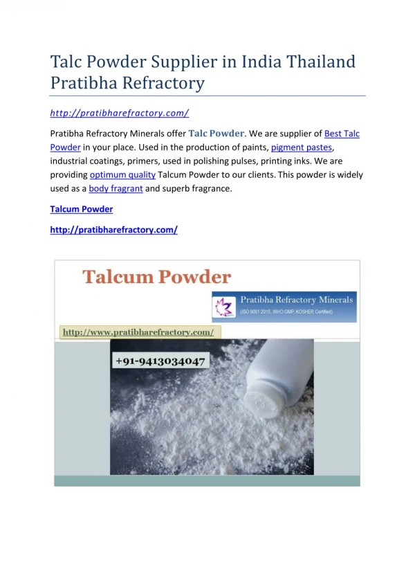 Talc Powder Supplier in India Thailand Pratibha Refractory