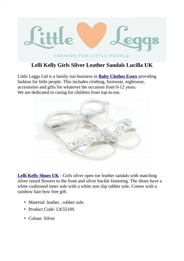 Lelli Kelly Girls Silver Leather Sandals Lucilla UK
