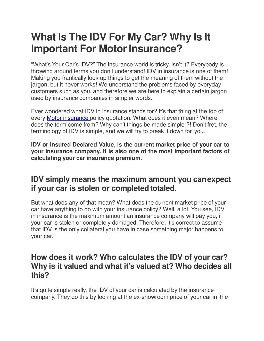 what is the idv for my car why is it important for motor insurance