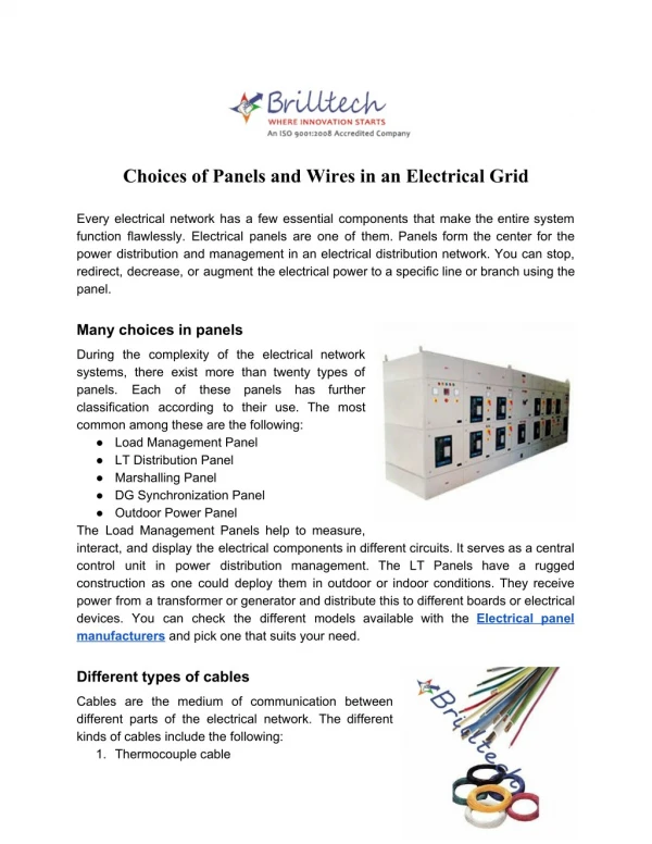 Choices of Panels and Wires in an Electrical Grid