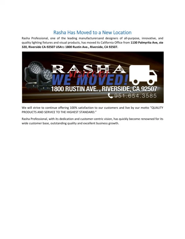 Change in Rasha Professional’s California Office Address