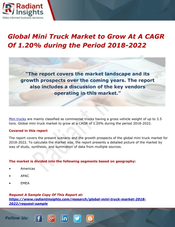 Mini Truck Market to Grow At A CAGR Of 1.20% by 2018-2022