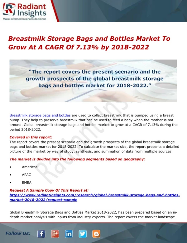 Breastmilk Storage Bags and Bottles Market To Grow At A CAGR Of 7.13% by 2018-2022