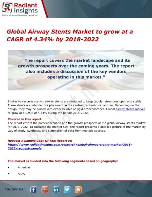 Airway Stents Market to grow at a CAGR of 4.34% by 2018-2022