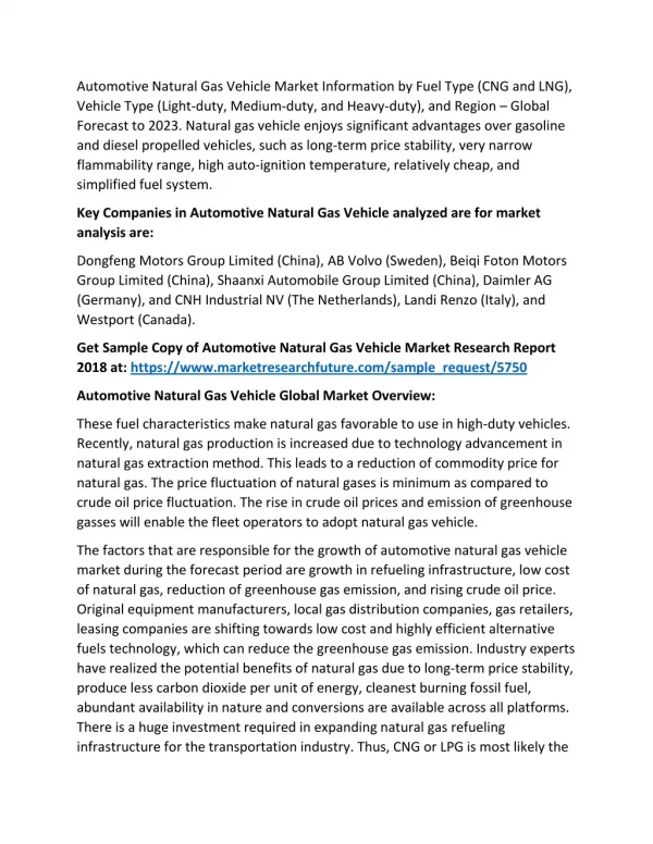 Global Automotive Natural Gas Vehicle Market: 2018 To 2023 Analysis By Size, Share, Trends, and Key Players