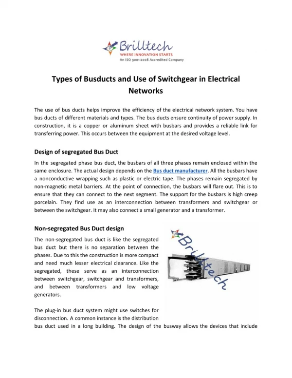 Types of Busducts and Use of Switchgear in Electrical Networks