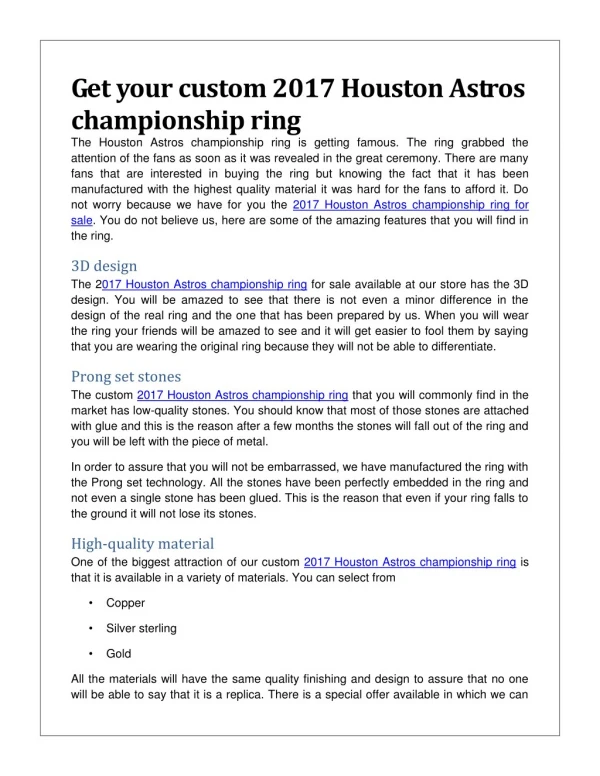 Get your custom 2017 Houston Astros championship ring