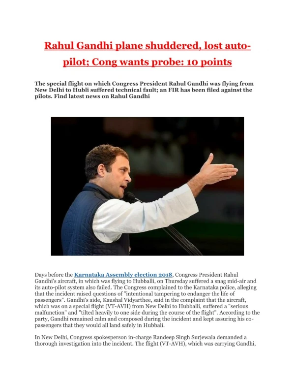 Rahul Gandhi plane shuddered, lost auto-pilot; Cong wants probe: 10 points