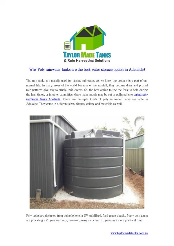Why Poly rainwater tanks are the best water storage option in Adelaide?