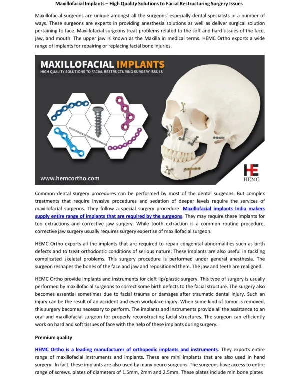 Maxillofacial Implants â€“ High Quality Solutions to Facial Restructuring Surgery Issues