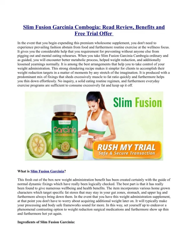 Slim Fusion Garcinia Combogia: Read Review, Benefits and Free Trial Offer