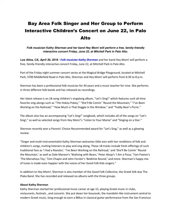 Bay Area Folk Singer and Her Group to Perform Interactive Children’s Concert on June 22, in Palo Alto