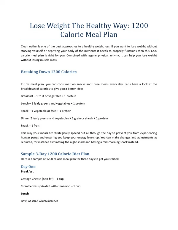 Lose Weight The Healthy Way: 1200 Calorie Meal Plan