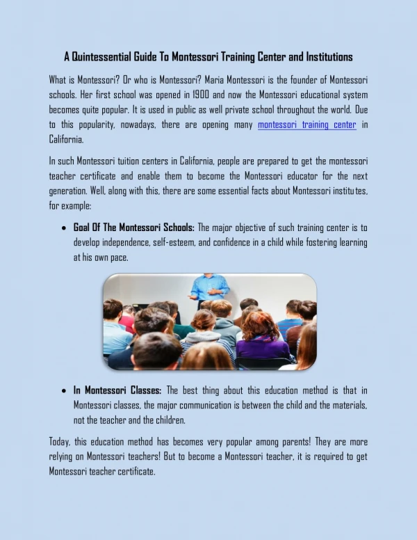 A Quintessential Guide To Montessori Training Center and Institutions