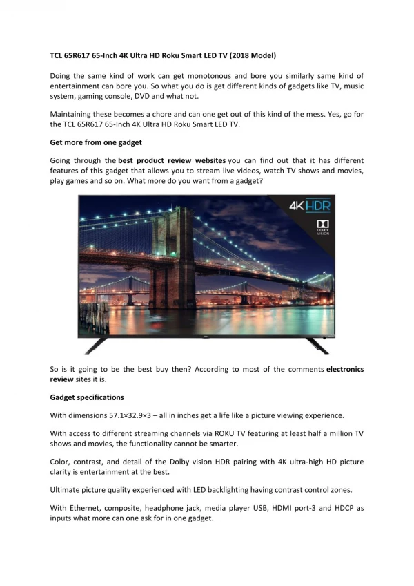 TCL 65R617 65-Inch 4K Ultra HD Roku Smart LED TV Reviews