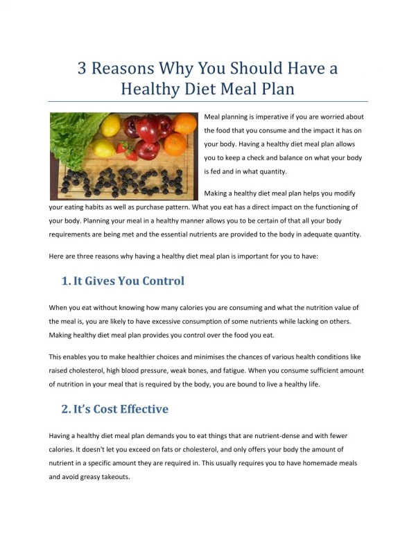 3 Reasons Why You Should Have a Healthy Diet Meal Plan