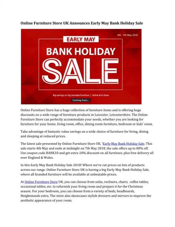 Online Furniture Store UK Announces Early May Bank Holiday Sale