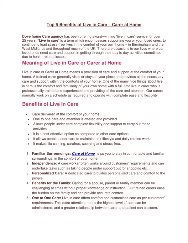 Top 5 Benefits of Live in Care – Carer at Home Shrewsbury, Rugby