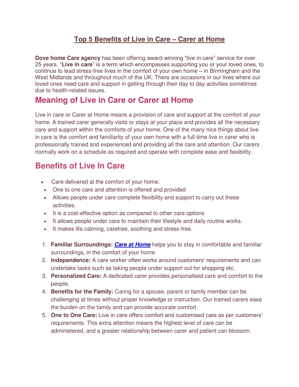top 5 benefits of live in care carer at home dove