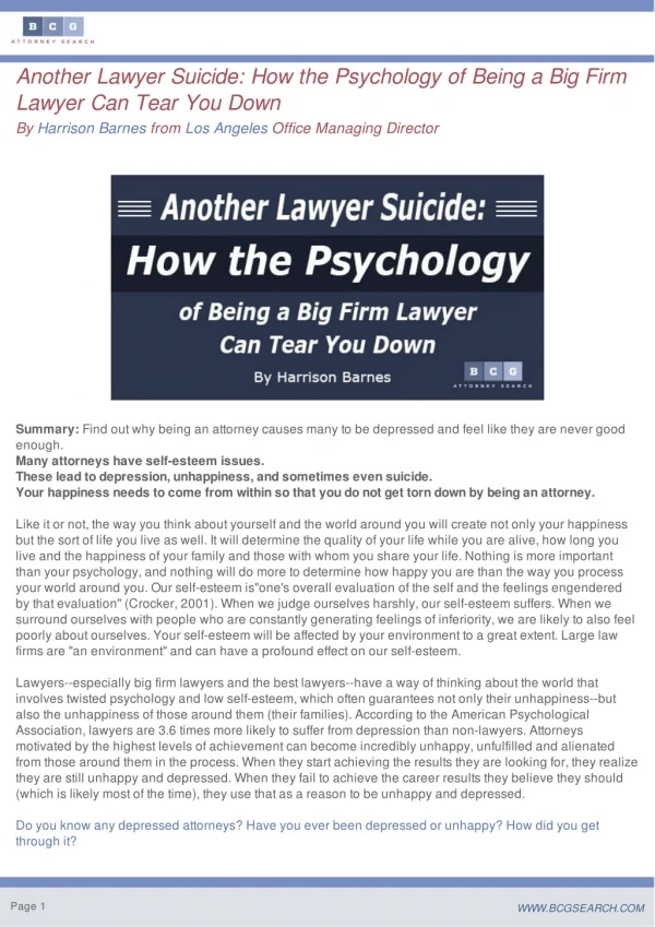 Another Lawyer Suicide: How the Psychology of Being a Big Firm Lawyer Can Tear You Down