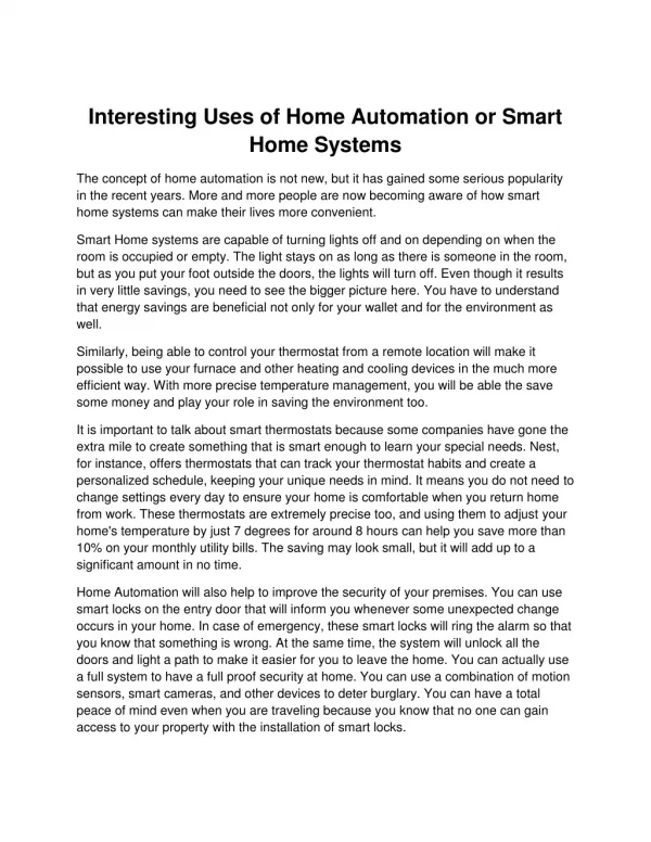 Interesting Uses of Home Automation or Smart Home Systems