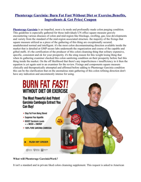 Phenterage Garcinia: Burn Fat Fast Without Diet or Exercise,Benefits, Ingredients & Get Price| Coupon