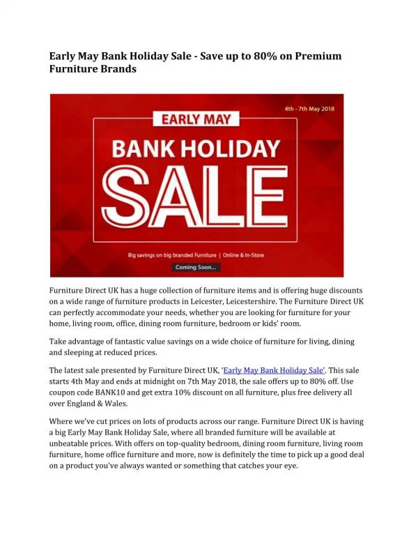 Early May Bank Holiday Sale - Save up to 80% on Premium Furniture Brands