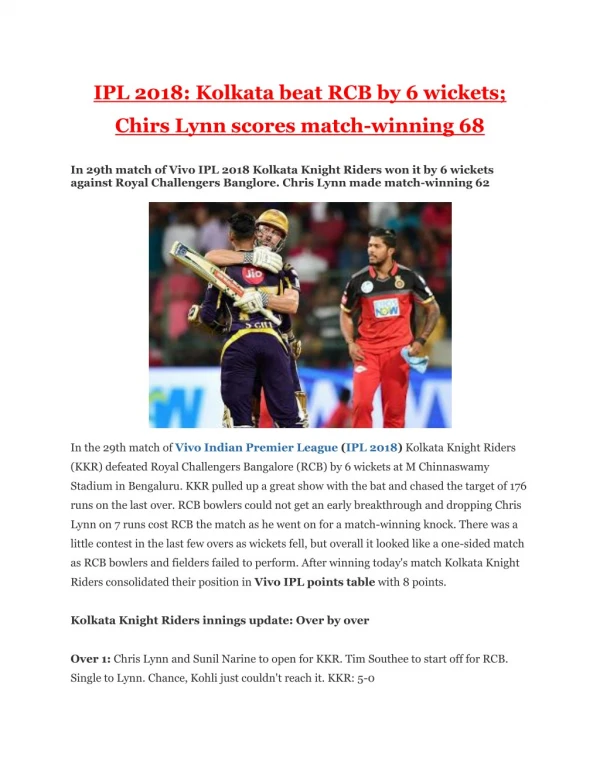 IPL 2018: Kolkata beat RCB by 6 wickets; Chirs Lynn scores match-winning 68 | Business Standard News